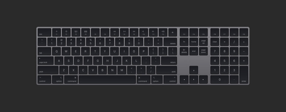 Realistic galaxy gray color computer bluetooth keyboard on transparent background. Illustration. Modern keyboard isolated on white. Minimalistic keyboard with black buttons. 3D rendering