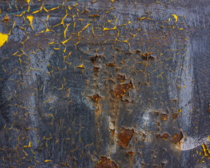 Metal surface covered with old decaying paint and rust.