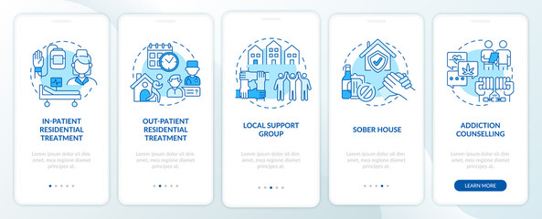 Rehabilitation types onboarding mobile app page screen with concepts. Out patient treatment walkthrough 5 steps graphic instructions. UI, UX, GUI vector template with linear color illustrations