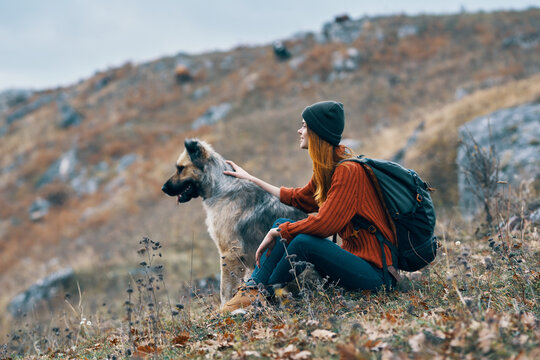 woman travels nature mountains friendship dog landscape