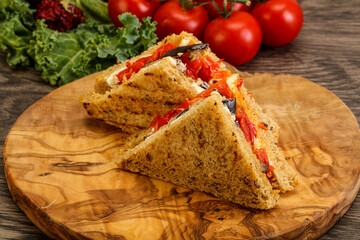 Club sandwich with eggplant and cheese