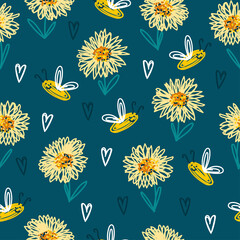 Fototapeta na wymiar Seamless pattern with fluffy flowers and incisor around. Funny floral background for fabric and wrapping paper.