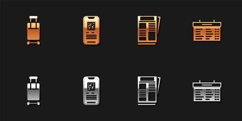 Set Suitcase, E-ticket train, News and Train station board icon. Vector