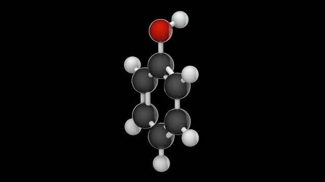 Hydroxybenzene (Carbolic acid, Phenylic acid). Used as a germicidal agent. Highly toxic. Formula: C6H6O. 3D render. Seamless loop. RGB + Alpha (Transparent) channel