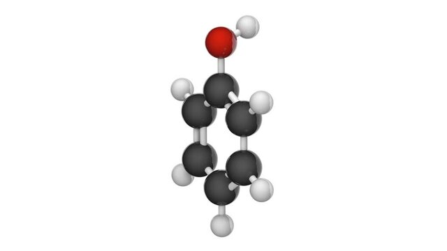 Hydroxybenzene (Carbolic acid, Phenylic acid). Used as a germicidal agent. Highly toxic. Formula: C6H6O. 3D render. Seamless loop. Chemical structure model: Ball and Stick. White background