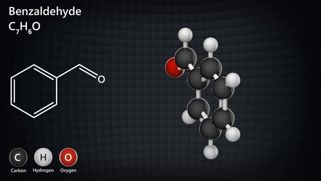 Benzaldehyde (Benzoic aldehyde) is an aromatic aldehyde used in cosmetics. Formula: C7H6O. 3D render. Seamless loop. Chemical structure model: Ball and Stick.