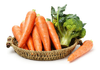 fresh carrot, broccoli vegetable on white background