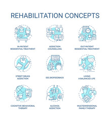 Rehabilitation concept icons set. Addiction recovery steps. Addiction treatment methods. Rehabilitation variety idea thin line color illustrations. Vector isolated outline drawings. Editable stroke