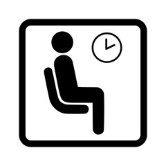 Waiting room sign. Vector illustration of man sitting on chair against wall clock. Public hall symbol isolated on white background. Flat, simple graphic.