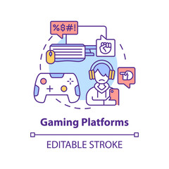 Gaming platforms concept icon. Cyberbullying channel idea thin line illustration. Chatting while playing video games. Posting rude comments. Vector isolated outline RGB color drawing. Editable stroke