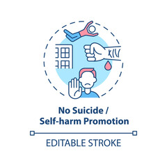 No suicide and self-harm promotion concept icon. Social media safety idea thin line illustration. Reducing harm-advocating online content. Vector isolated outline RGB color drawing. Editable stroke