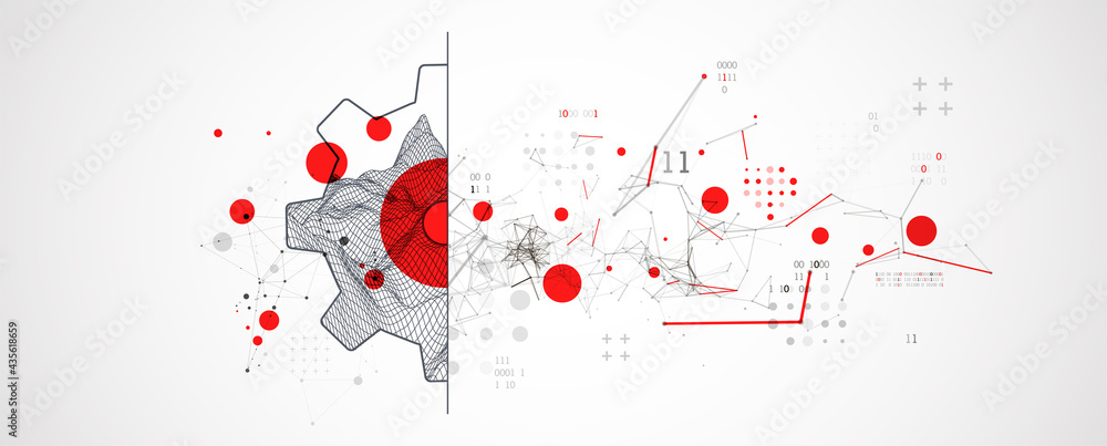 Fototapete Modern science or technology abstract background using cogwheel. Wireframe spot surface illustration. Vector.