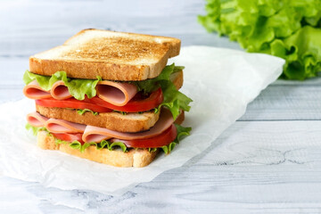 Tasty sandwich with ham, salad and tomatoes on light background