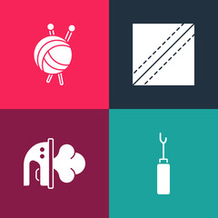 Set pop art Awl tool, Electric iron, Textile fabric roll and Yarn ball with knitting needles icon. Vector