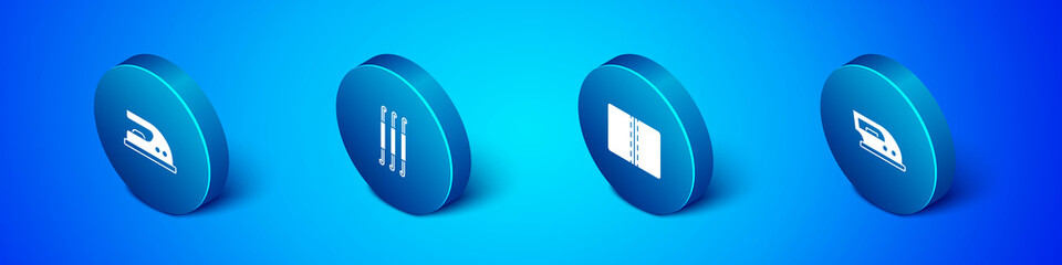 Set Isometric Electric iron, Textile fabric roll, and Crochet hook icon. Vector