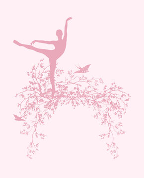 blooming spring season tree branches, dancing ballerina girl and flying swallow birds vector silhouette copy space design