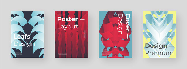 Obraz na płótnie Canvas Abstract set Placards, Posters, Flyers, Banner Designs. Colorful gradient on vertical A4 format. Volumetric shapes. Fluid color paths. Dynamic, symmetry composition with trendy flow 3d shapes.