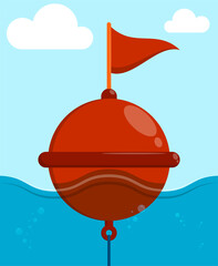 restrictive sea buoy on waves in cartoon style. Regulation and safety of shipping in ocean. Color vector © RNko