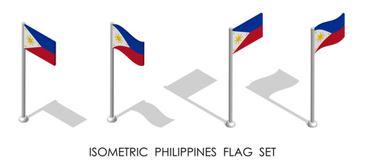 isometric Flag of Republic of Philippines in static position and in motion on flagpole. 3d vector