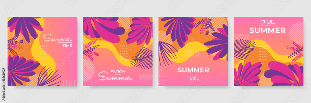 Aufkleber trendy summer colourful abstract square art templates with floral tree and geometric elements. suita