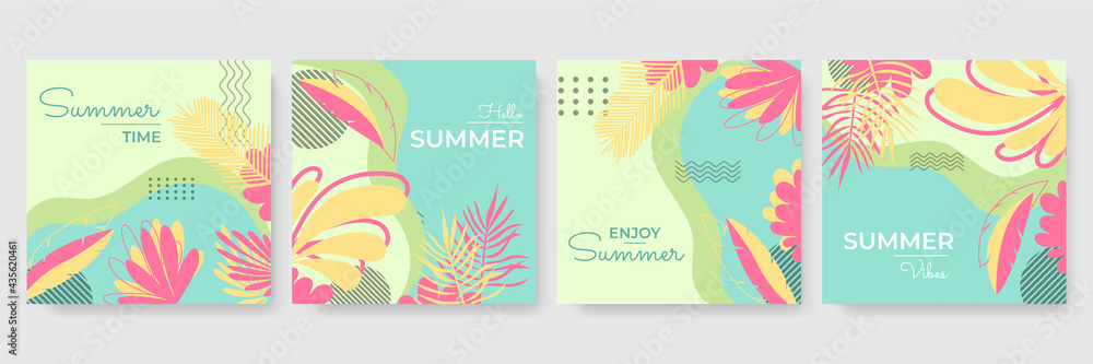 Poster trendy summer colourful abstract square art templates with floral tree and geometric elements. suita
