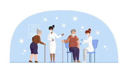 People vaccination for immunity health. Senior age queue up for vaccinations. Nurse in clinic giving coronavirus vaccine to elderly man use syringe