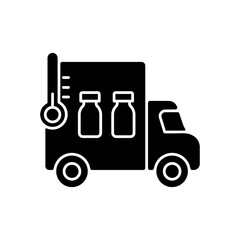 Vaccine transportation black glyph icon. Drug distribution. Pharmaceutical remedy shipment van. Truck with pharmacy supply. Health care. Silhouette symbol on white space. Vector isolated illustration
