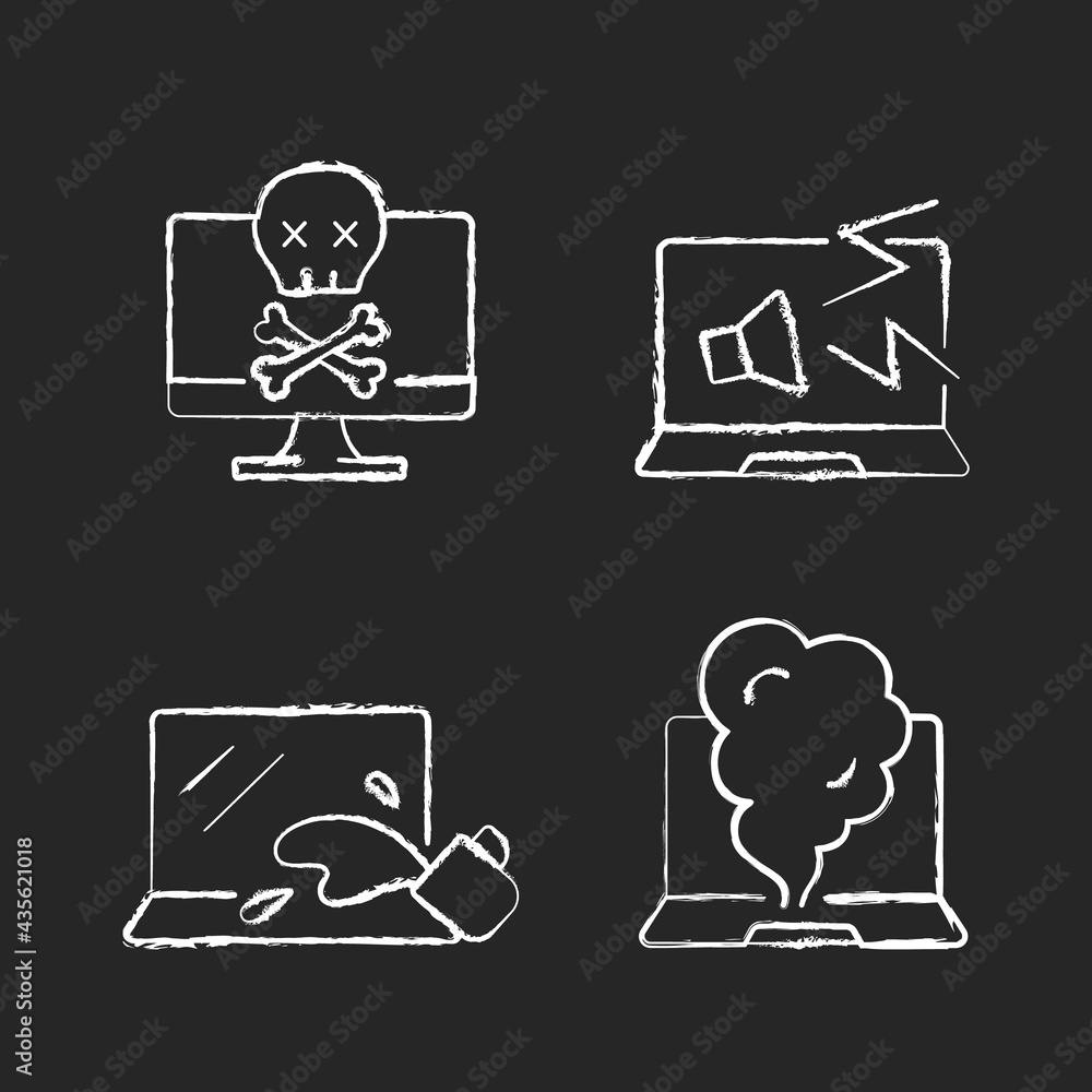Poster broken laptop chalk white icons set on black background. water damage symptoms in hardware. notebook