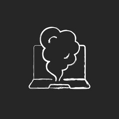 Smoking computer chalk white icon on black background. Symptom of overheating hardware. Broken notebook. Laptop problems. Tech support, repair service. Isolated vector chalkboard illustration