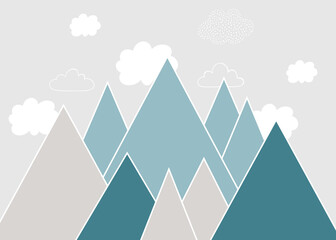 Enfants de couleur vectorielle dessinés à la main doodle illustration de montagne dans un style scandinave. Paysage de montagne, nuages. Papier peint pour enfants. Paysage de montagne, conception de chambre d& 39 enfants, décoration murale.