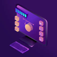 Computer screen with design icons and keyboard in isometric view. Drawing in 3D