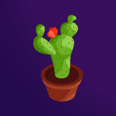 Isometric cactus with green sharp needles and a bright red flower. Drawing in 3D