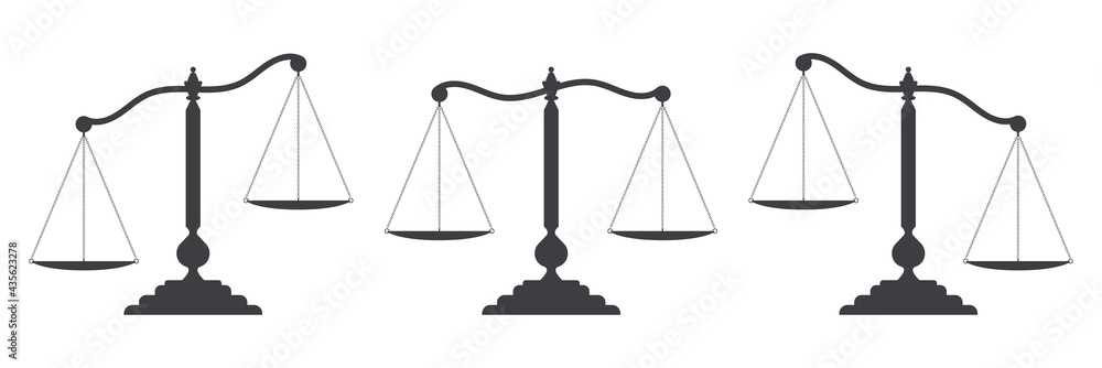 Wall mural Scales of justice set. Dark empty scale isolated on white background. Bowls of scales in balance, an imbalance of scales. Classic balance icon. Law balance symbol. Vector illustration