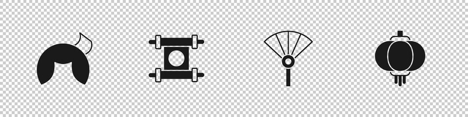 Set Chinese fortune cookie, Decree, paper, parchment, scroll, japanese folding fan and lantern icon. Vector