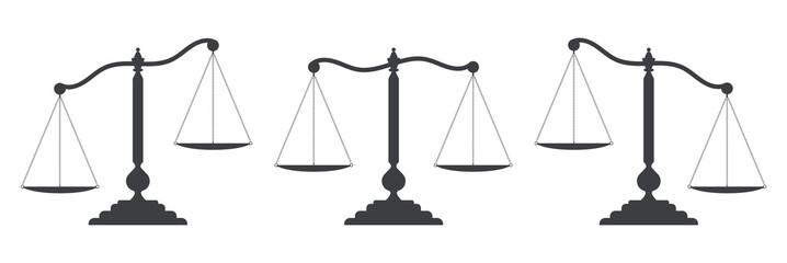 Scales of justice set. Dark empty scale isolated on white background. Bowls of scales in balance, an imbalance of scales. Classic balance icon. Law balance symbol. Vector illustration - obrazy, fototapety, plakaty