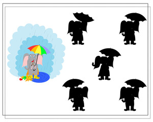 game for kids find the right shade, a cute cartoon elephant stands in the rain with an umbrella in rubber boots. autumn. vector flat illustration of isolated on a white background