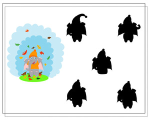game for kids find the right shadow, cute cartoon elephant throws . autumn. vector flat illustration.