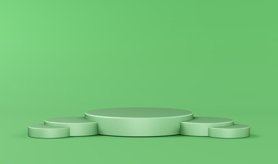 Stepped pedestal of five green cylinders in studio lighting on green background. 3d render.