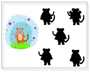 game for kids find the right shadow, cute cartoon elephant is dressed in a tiger costume. vector flat illustration.