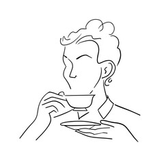 Woman drinking coffee or tea. Black line sketch on white background. Vector illustration.