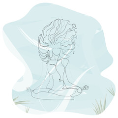 Woman with windy hair doing yoga lotus exercise continuous one line. Vector underwater illustration minimalism style
