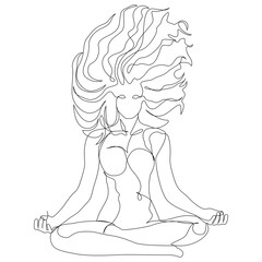 Woman with windy hair doing yoga lotus exercise continuous one line. Vector illustration minimalism style