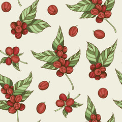 Vintage seamless pattern with coffee plant and coffee beans. - 435626040