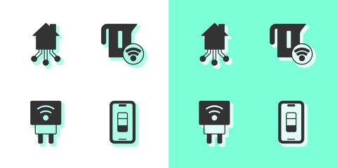 Set Smartphone battery charge, home, electric plug and kettle icon. Vector