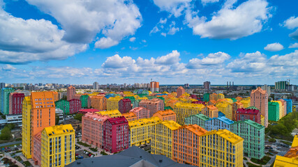 Street with colorful houses and beautiful eterior design in Kyiv, Ukraine. Aerial. Comfort town