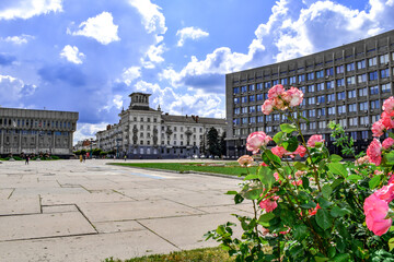 Sumy, Ukraine - June 22, 2020: Cityscape on Independence Square in Sumy. City skyline with blooming...