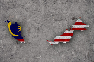 Karte und Fahne von Malaysia auf verwittertem Beton
