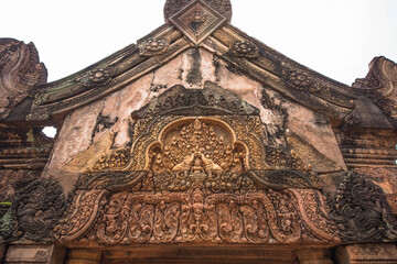 The pattern carvings on the arch of the Banteay Srei, another of Cambodia's most beautiful Khmer castles