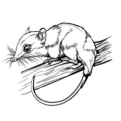 Opossums marsupial mammal. Cute brown animal sitting on a branch. Mouse, a rodent with a long tail. Coloring page for children and adults, hand drawn illustration