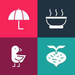 Set pop art Beet, Little chick, Bowl of hot soup and Umbrella icon. Vector